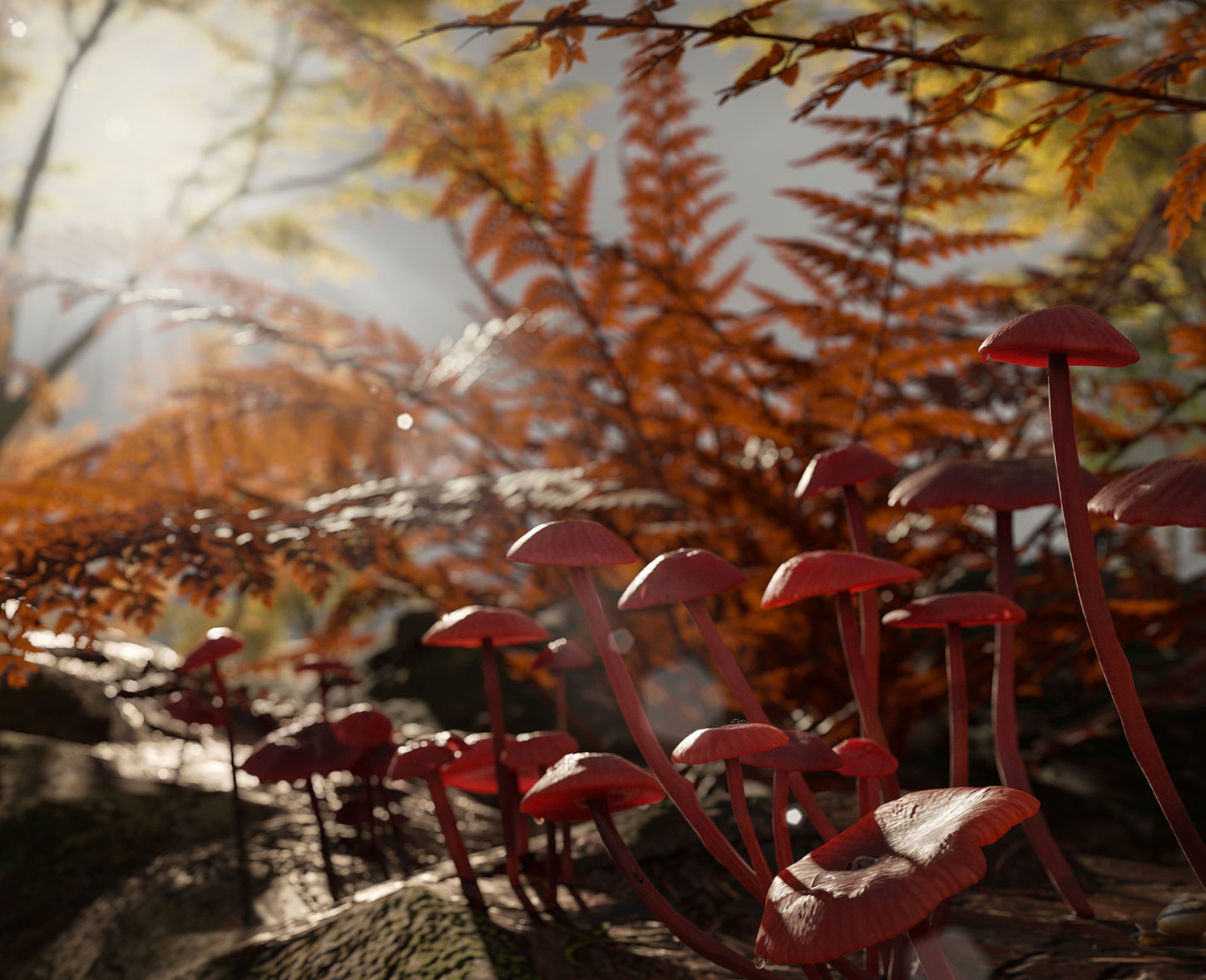 Close-up of a vibrant forest scene featuring clusters of vivid red mushrooms amidst a backdrop of orange ferns and dappled sunlight. The mushrooms' glossy caps stand out against the earthy tones, creating a serene yet dynamic composition that highlights the delicate interplay of fungi and their natural environment.