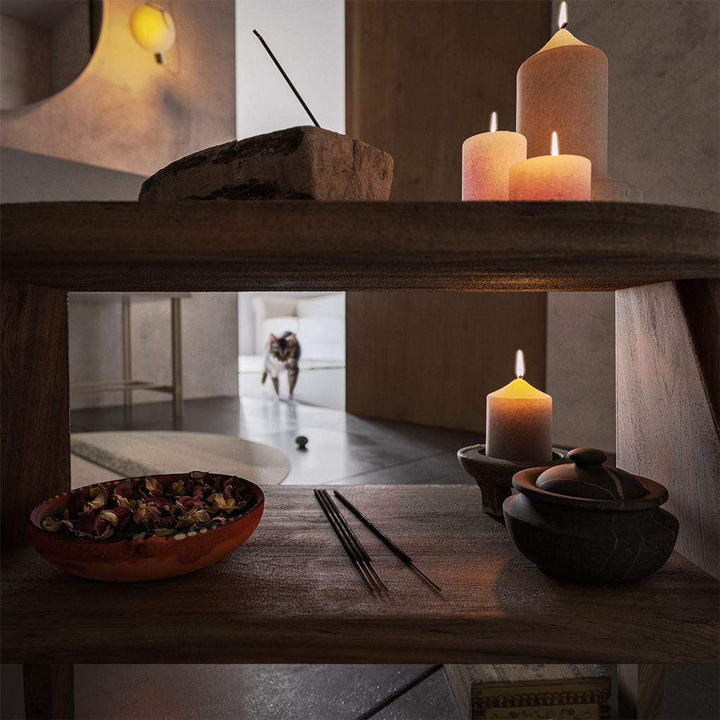 Interior detail rendering with candles, incense, rose petals, a wooden shelf, and a cat in the background.