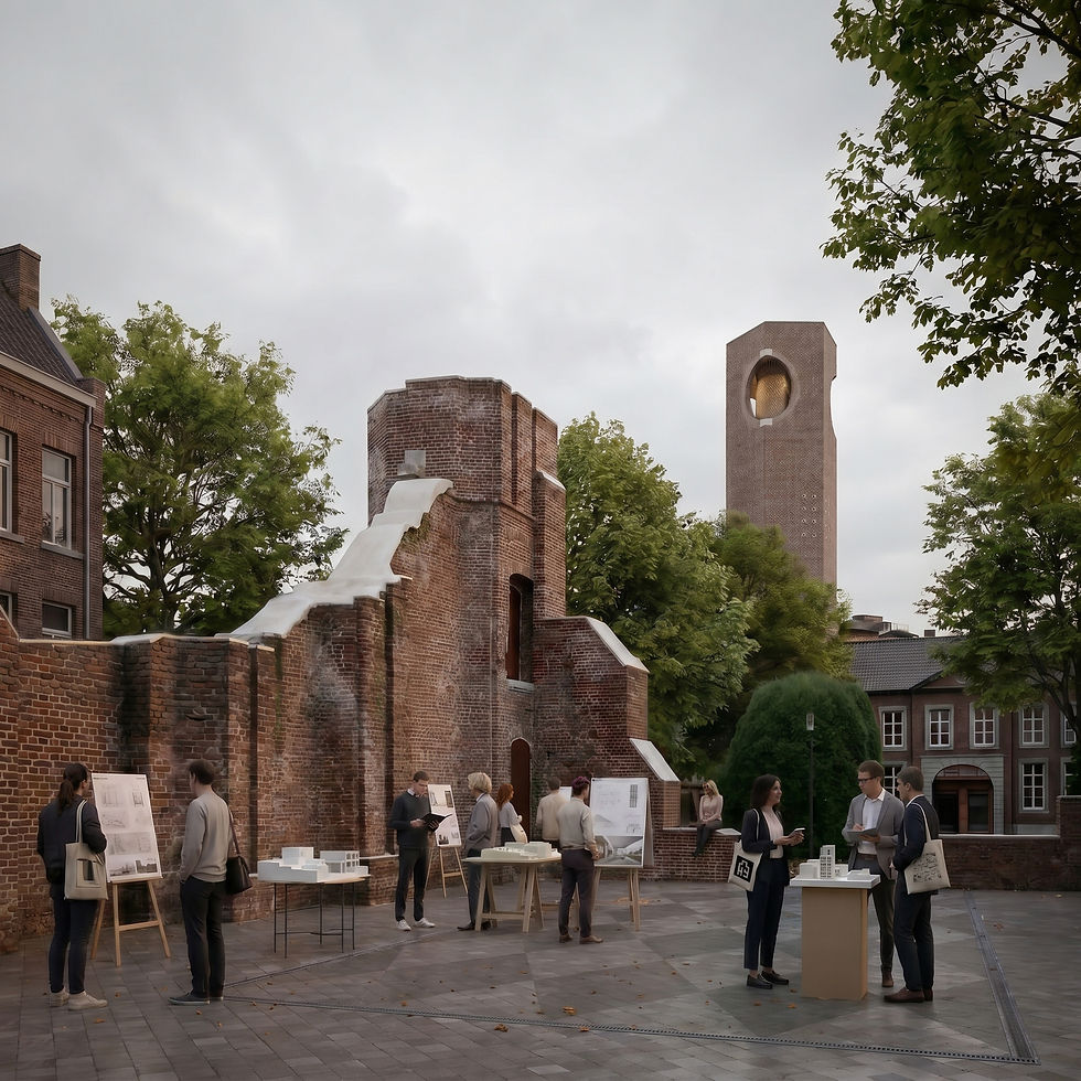 Architectural visualization of Hasselt Beguinage with students and tutors gathered around presentation boards and models beside the restored church ruin.