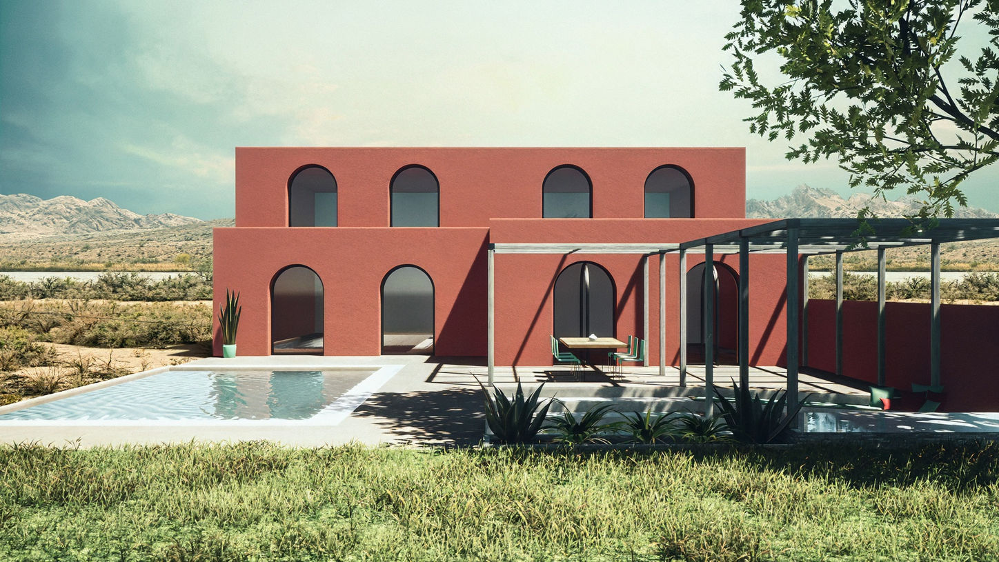 3D rendering of a desert house with red walls, arched windows, a pool, and a pergola, set against a arid desert backdrop