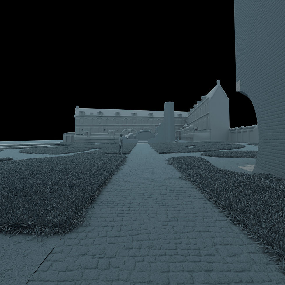 Caption: Clay render showing the 3D structure behind the entrance / beguine image.