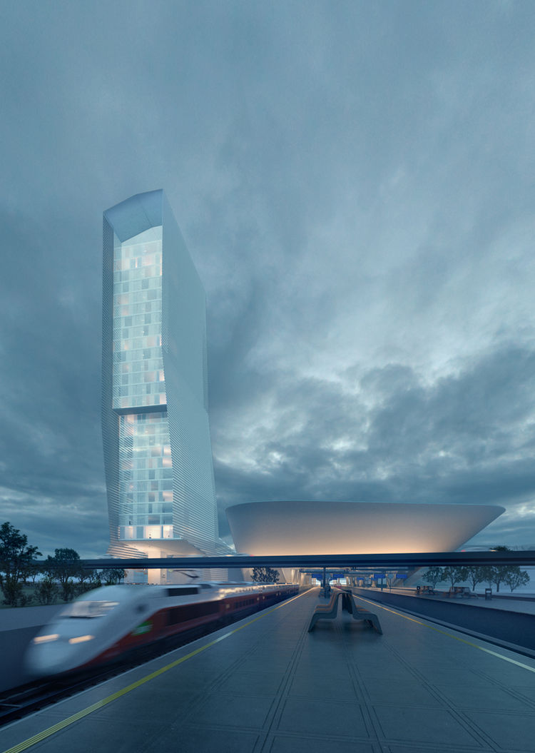 Futuristic train station architectural visualization with high-speed rail platform, tall illuminated tower, dramatic cloudy sky, and moving train.