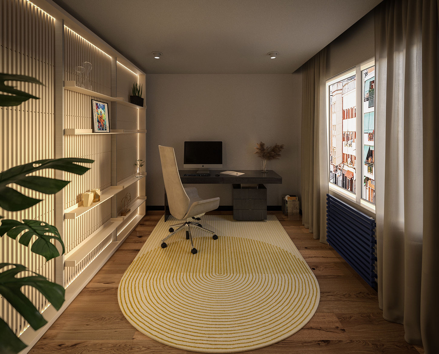 Expert 3D rendering of a contemporary home office with computer workstation, backlit shelves, potted plants, and design sketches, showcasing archviz solutions for workspace visualizations.