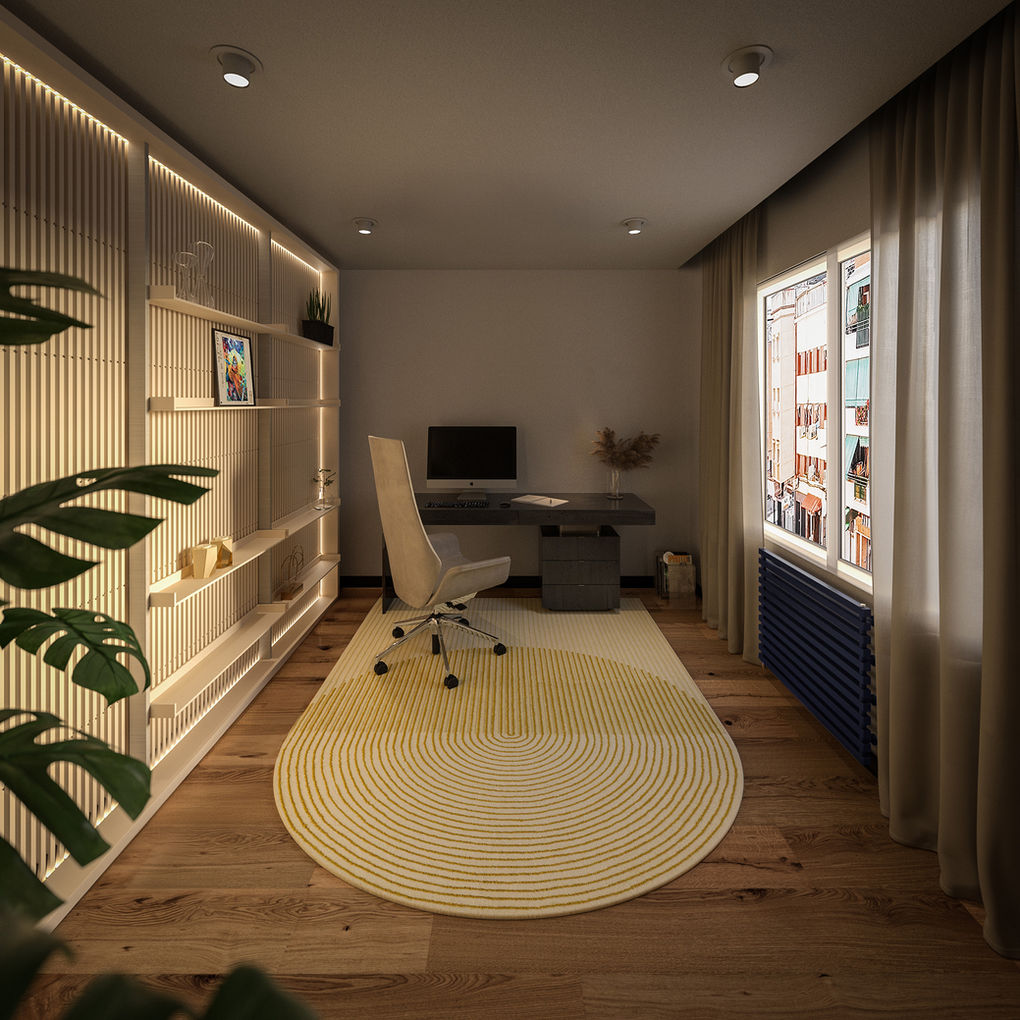 Interior rendering of a contemporary home office with desk, computer, backlit shelves, plants, and design sketches.