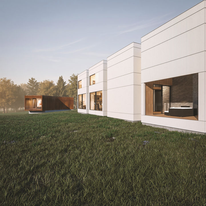 Daylight architectural rendering of a white modern residence and dark guesthouse set in a grassy landscape with trees in the background.