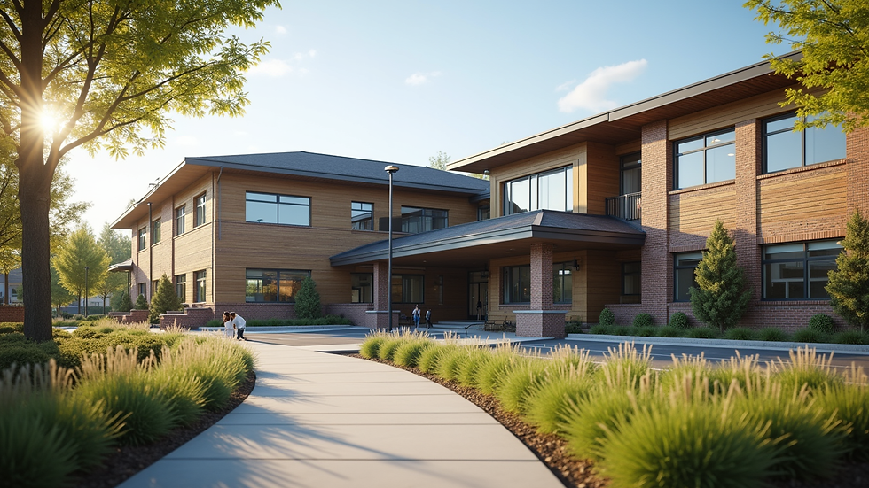 Eye-level view of a modern nursing home facility exterior