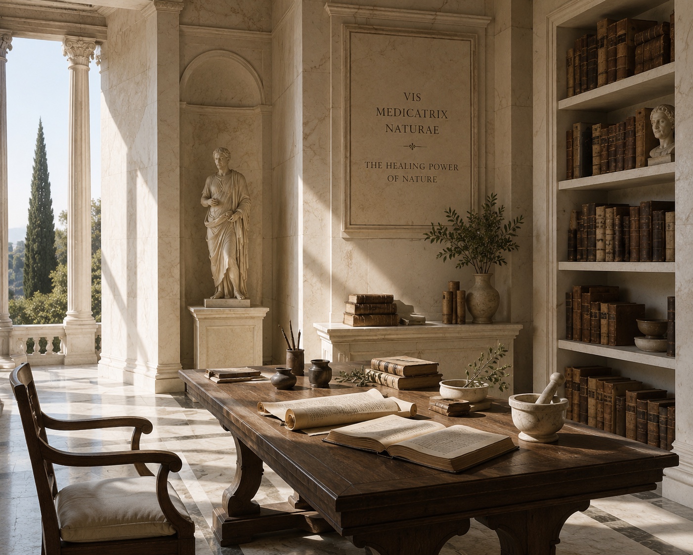 Classical study with the inscription Vis Medicatrix Naturae, The Healing Power of Nature
