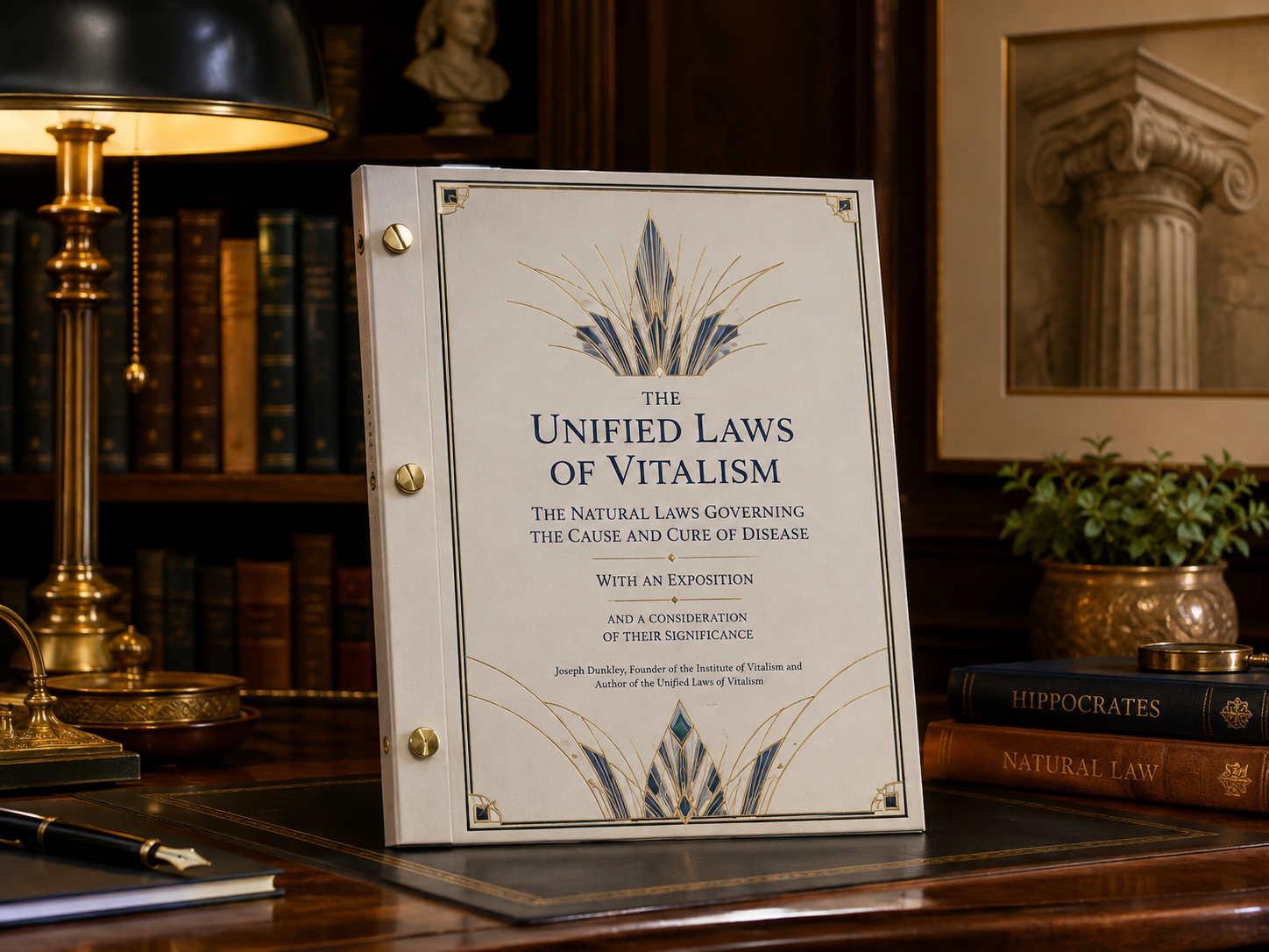 The Unified Laws of Vitalism reading edition displayed in a classical study