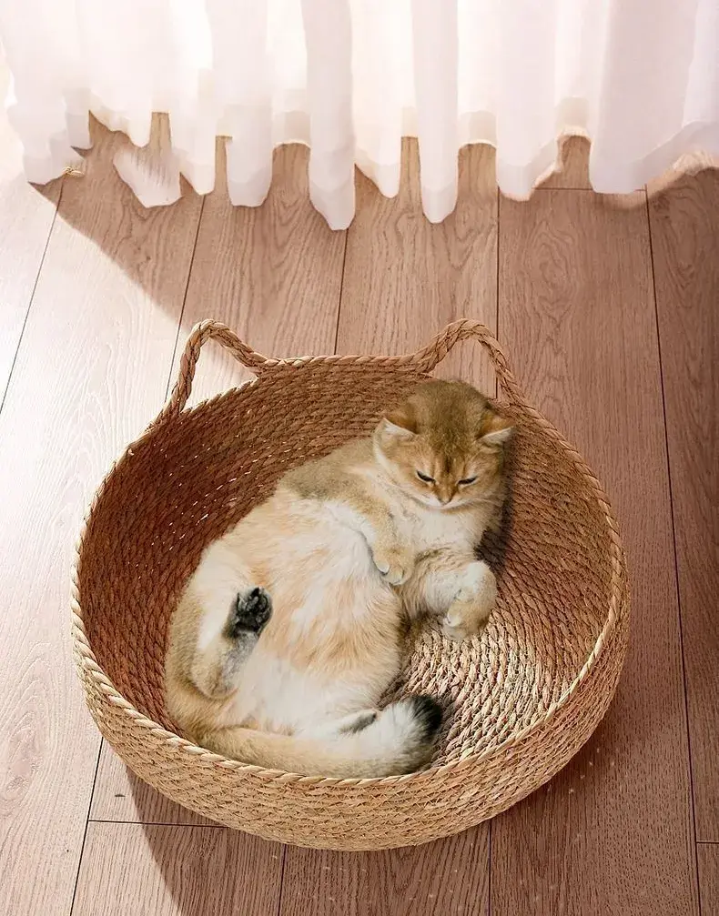 Thumbnail: Pure Handwoven Rattan Cat Bed Basket with Washable Cushion