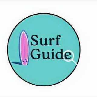 Surf Guide in a circle with a surfboard with a magnifying glass around the "e" in Guide.