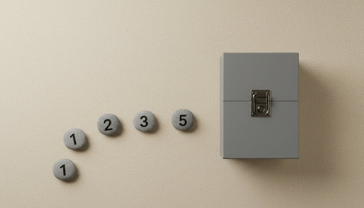 Overhead view of a simple trail of numbered stone markers leading to a locked archive box.