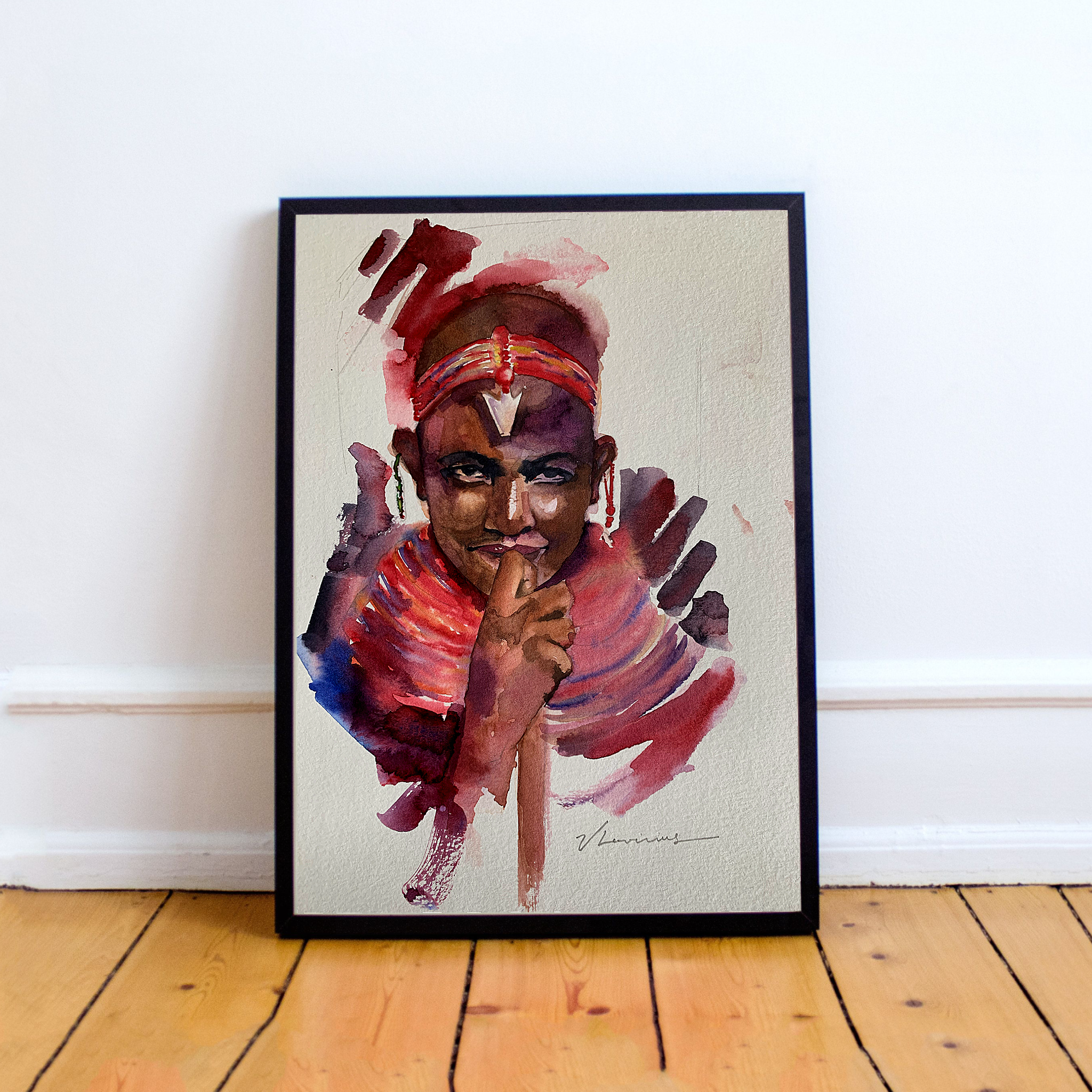 ilustração em aquarela, nativo tribo Samburu - Quênia/Africa. Tamanho 42x29.