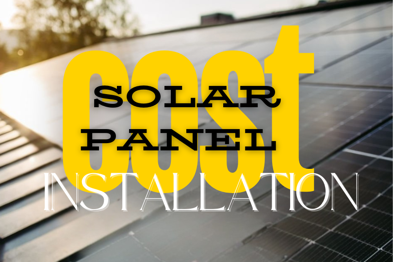 Solar panels on a roof with sunlight. Text reads "Solar Panel Installation Cost" in bold yellow and black, creating an informative mood.