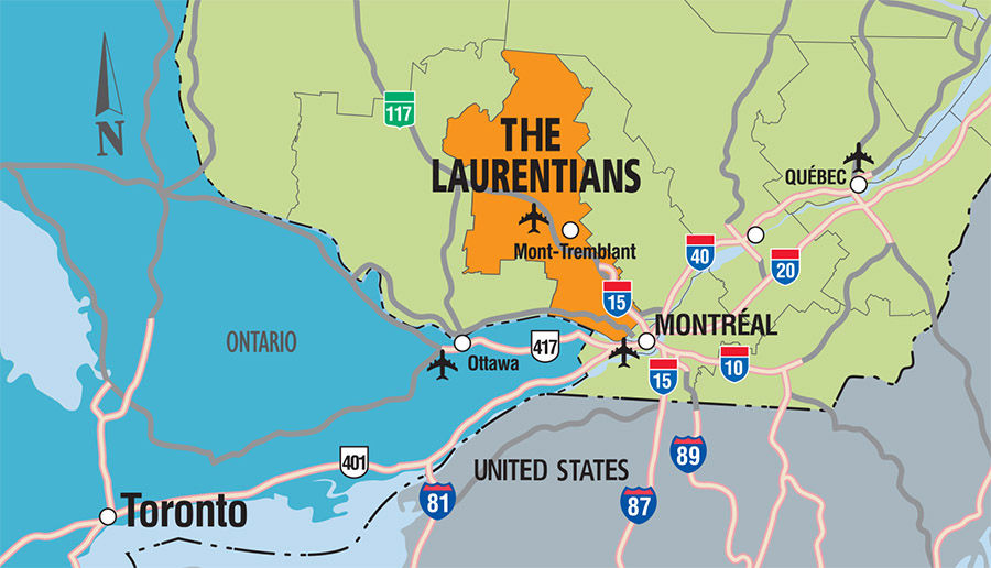 A transportation map highlighting the road to Mont Tremblant