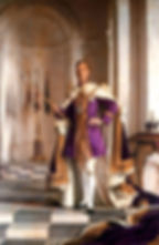 Full Length Portrait Of King George Vi, Study 3 A regal figure in a purple and gold robe holds a scepter in an ornate hall. Flags are in the background. The setting is majestic and stately.