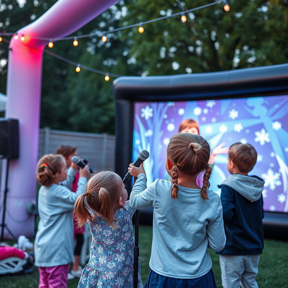 Children enjoy a magical evening karaoke session in the backyard, singing along to songs projected on a big screen under a canopy of twinkling lights.