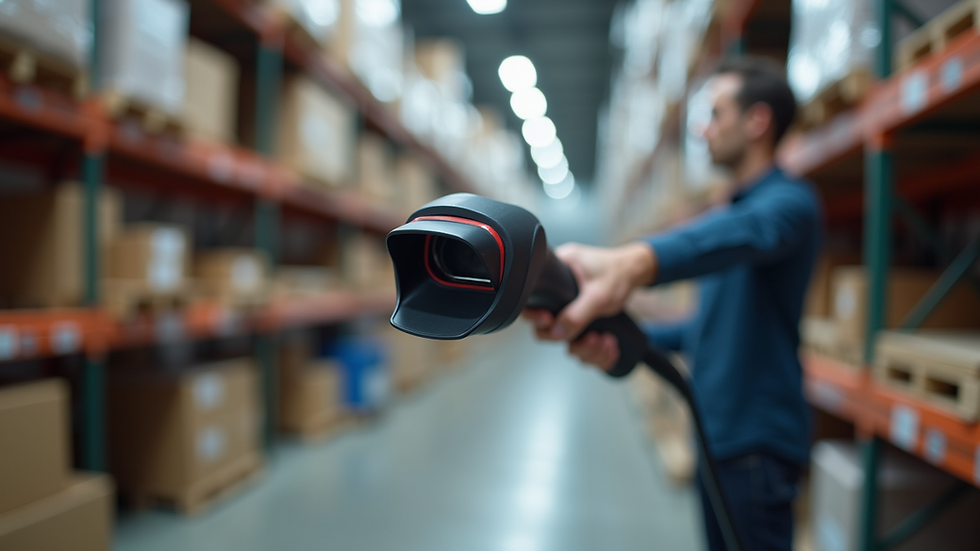 Eye-level view of barcode scanner in use at a warehouse