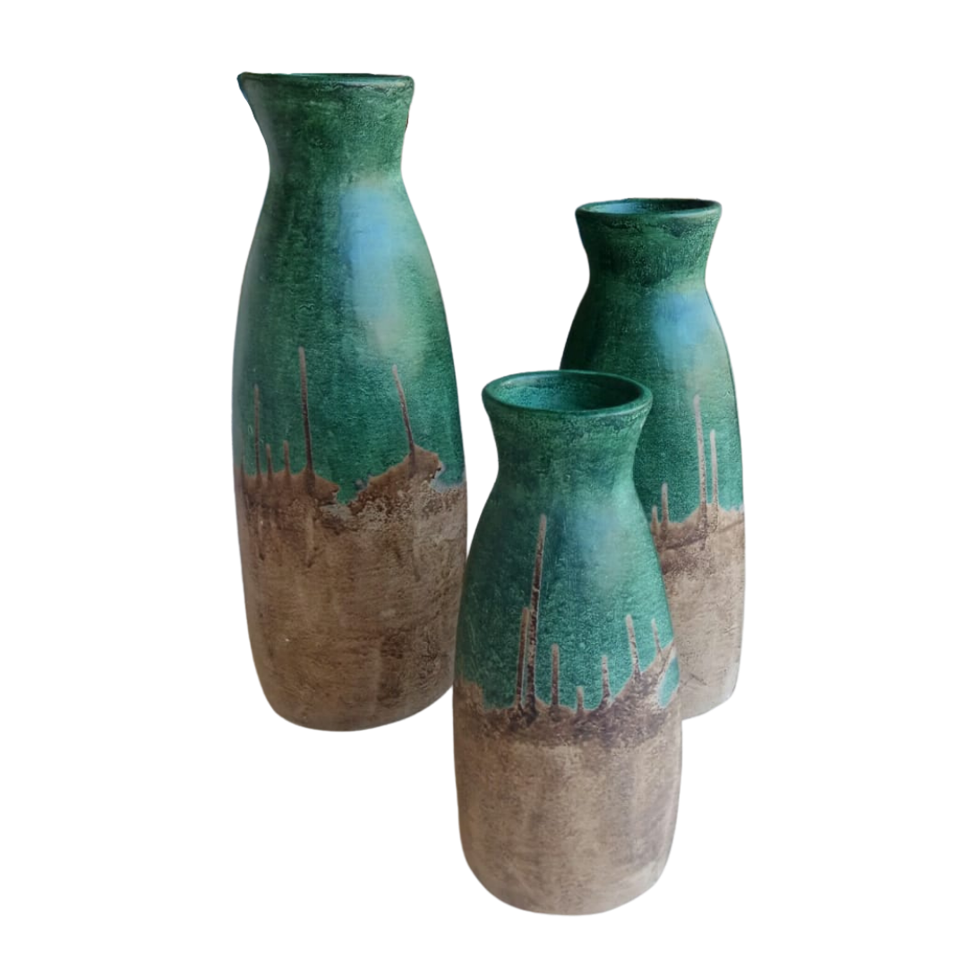 A Set Of 3 Green Brown Pot