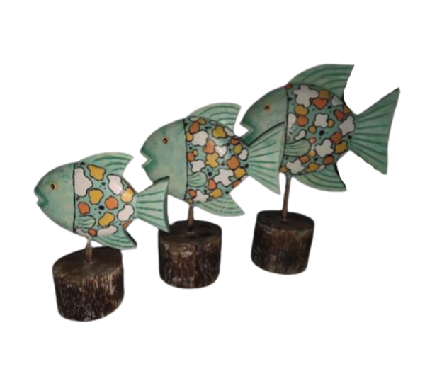 Set of hand-carved wooden fish decorations from Bali