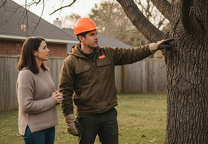 An arborist with a hardhat is pointing to a bare tree and standing beside a _homeowner_.jp