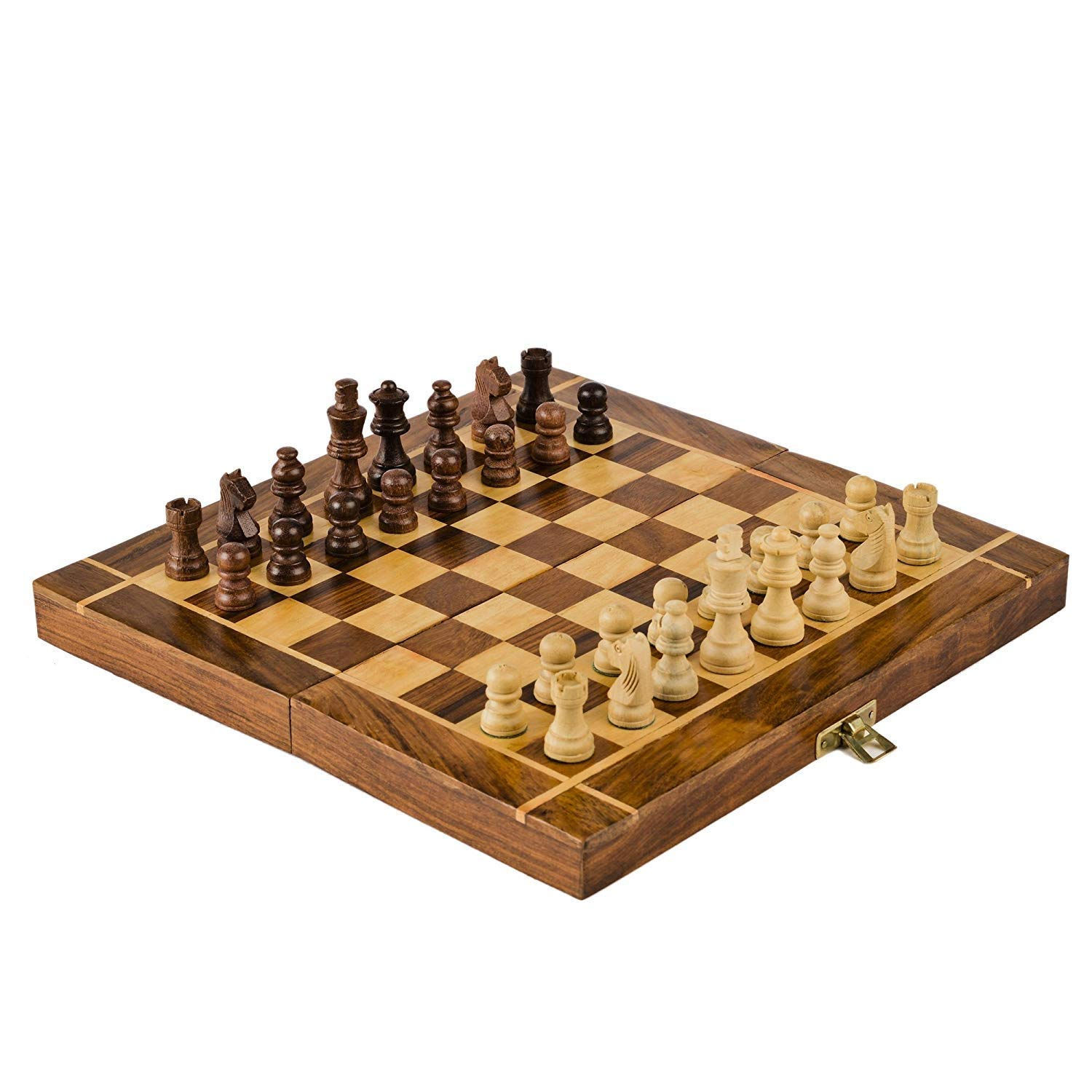 Naayaab Craft Wooden Chess Board with 32 Pawns, Small Size Chess Board Brown and