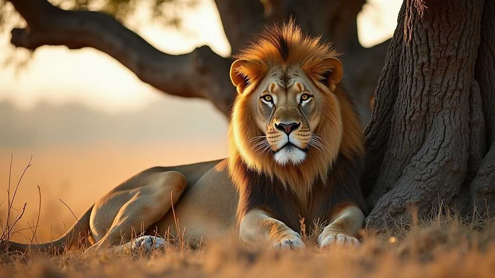 Eye-level view of a lion resting under a tree