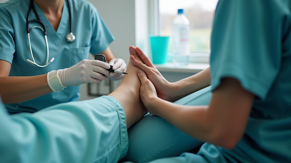 Close-up view of a chiropodist examining a patient's foot