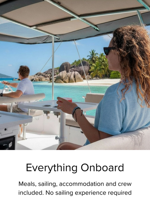 Everything Onboard. Meals, sailing, accommodation and crew included. No sailing experience required