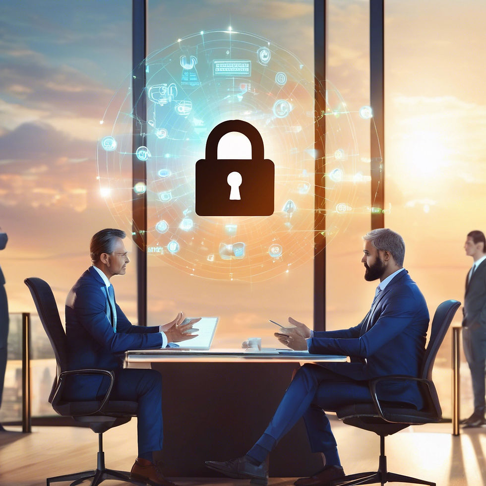 CEO and CFO reviewing cybersecurity strategy with digital lock hologram, highlighting vCISO services, AI-powered endpoint security, and ransomware protection for business