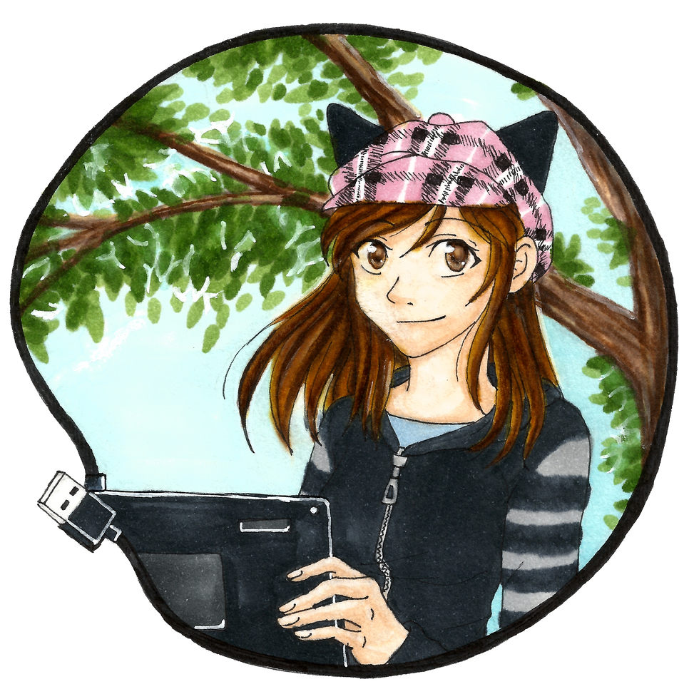 Traditional illustration of a girl drawing on a tablet
