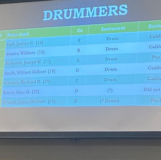 Presentation slide showing names of Mormon Battalion drummers at the March 2025 Third Weekend Event.