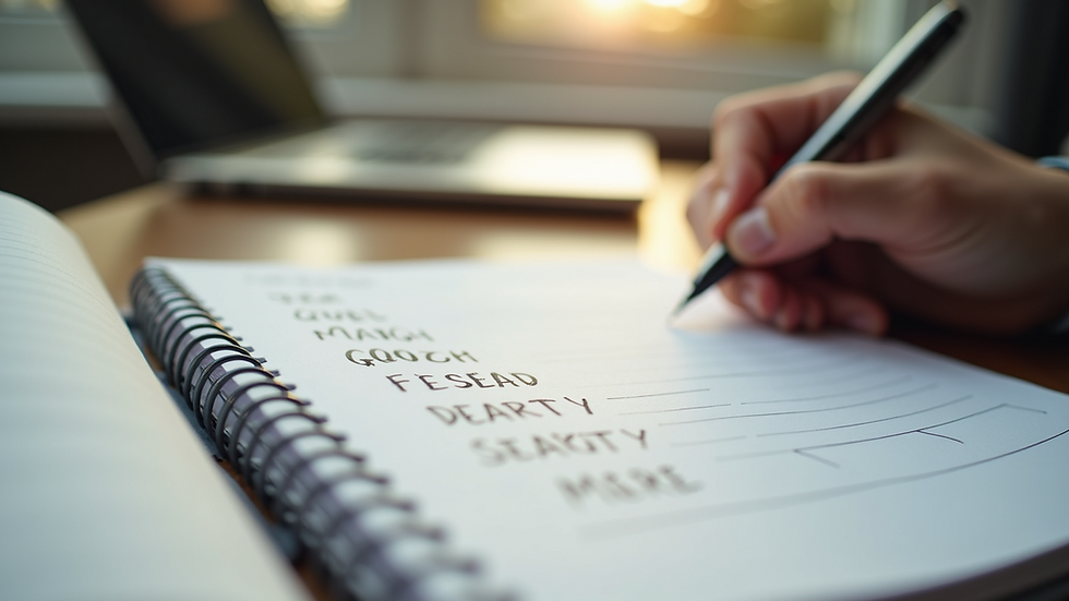 Close-up view of a notebook with goal-setting notes and a pen