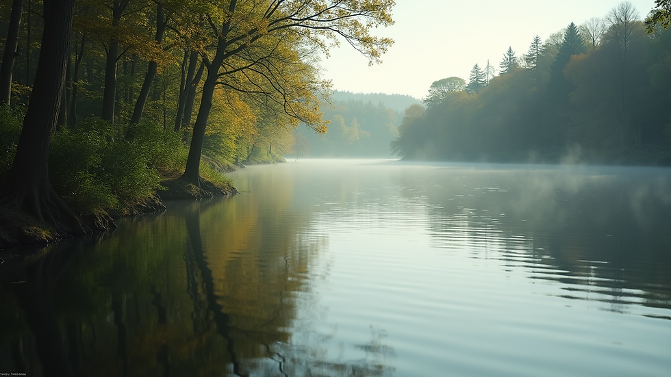 Close-up of a serene lake reflecting trees