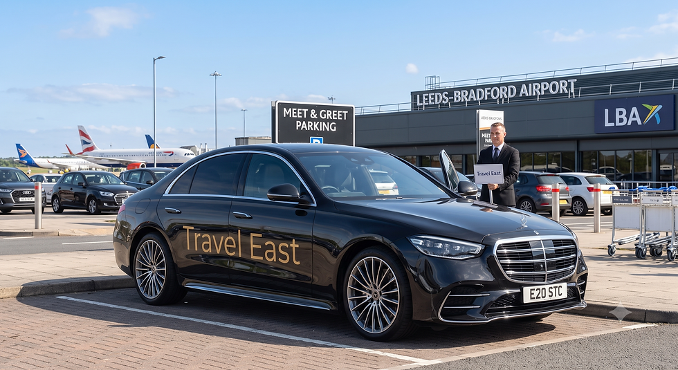 Travel Easts fleet vehicle Mercedes Benz S-class parked in meet & Greet Parking at Leeds-B