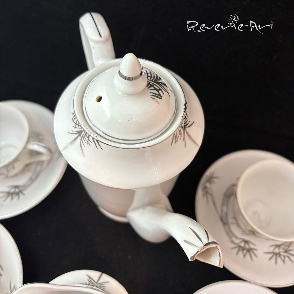 Thumbnail: Vintage Japanese demitasse, Tea set, silver and gold on white bone china
