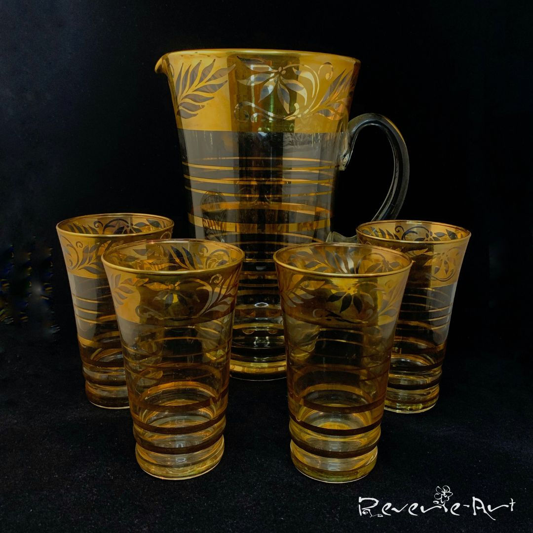 Golden Gilt Mid-Century jag and 4 glasses