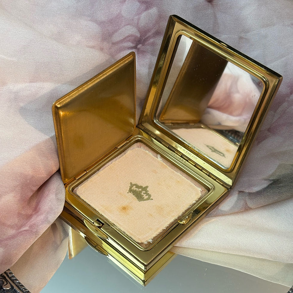 Thumbnail: Vintage Mellisa of London carved Mother of Pearl make up powder compact.