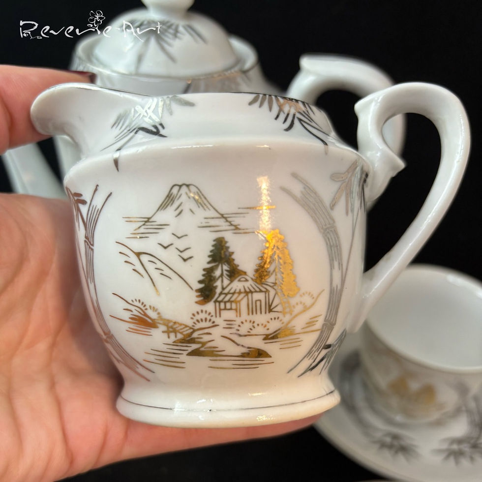 Thumbnail: Vintage Japanese demitasse, Tea set, silver and gold on white bone china
