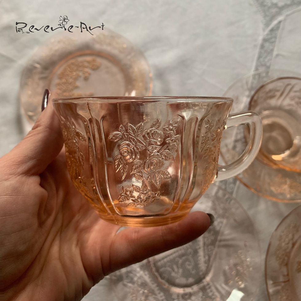 Thumbnail: Rare 15pcs Federal Glass Rose of Sharon (cabbage rose) set, depression glass