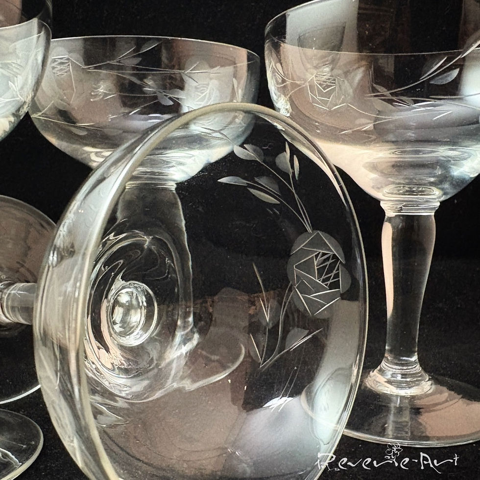 Thumbnail: Vintage Art Deco etched roses Coupé Champagne glasses