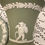 Thumbnail: Vintage Wedgwood olive green Jasperware vanity set, small vase and trinket dish