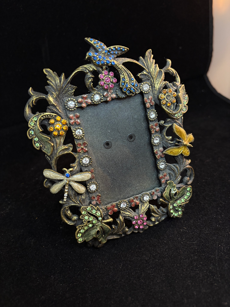 Thumbnail: Vintage metal Art Nouveau photo frame jeweled, enameled, dragonfly butterfly