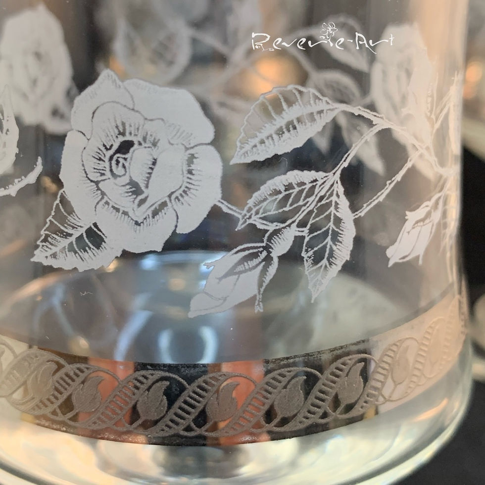 Thumbnail: 6 Vintage c1970 Dema Silver Rose White Wine Glasses, etched rose, gilt band 