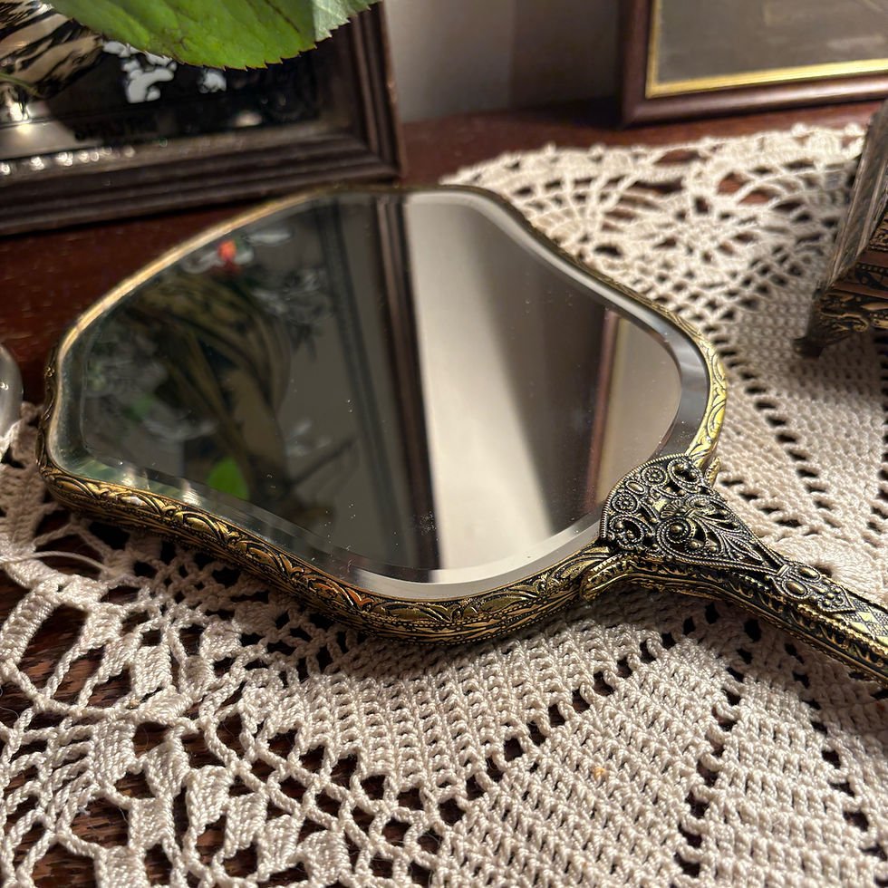 Thumbnail: Vintage brass Regent of London  Petit Point Embroided handheld vanity mirror