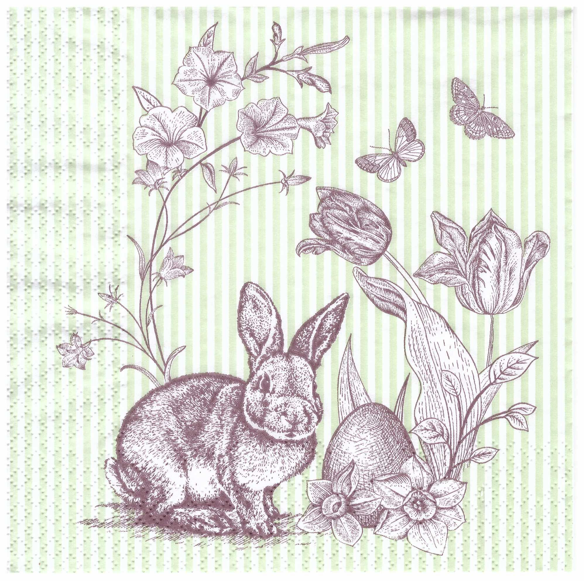 Napkins N948 Lunch size 33x33cm Easte bunny brown print green stripes