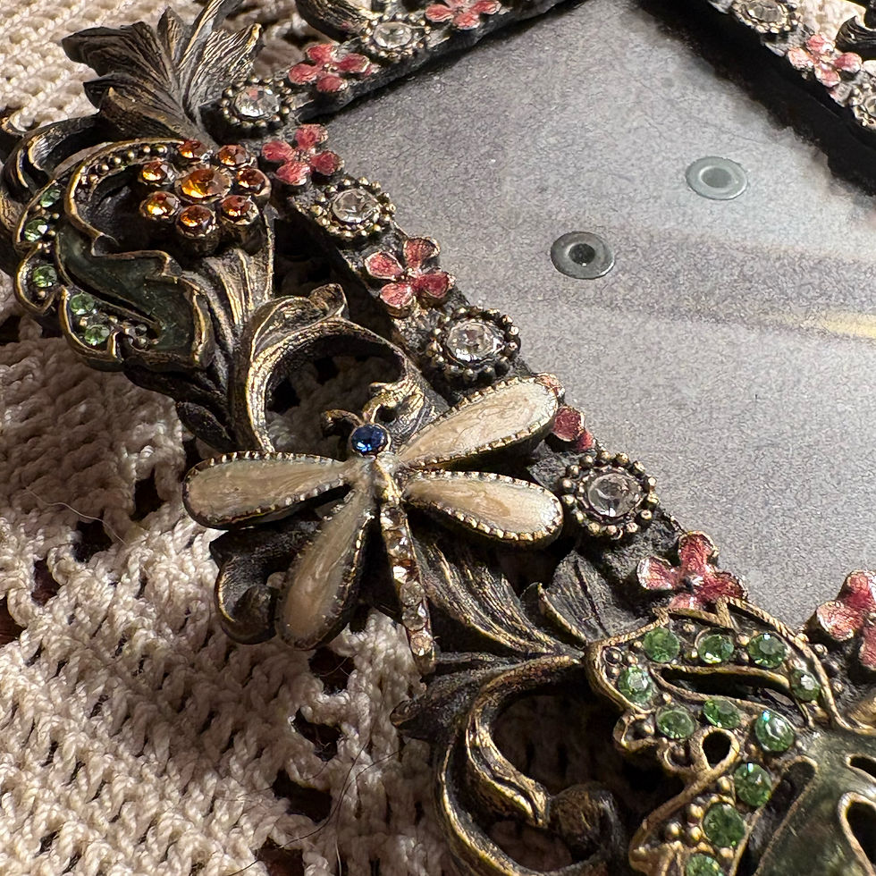 Thumbnail: Vintage metal Art Nouveau photo frame jeweled, enameled, dragonfly butterfly