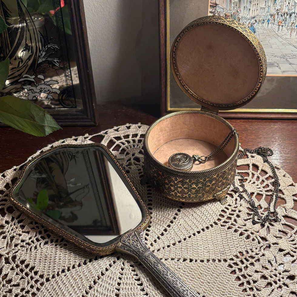 Thumbnail: Vintage brass Regent of London  Petit Point Embroided handheld vanity mirror