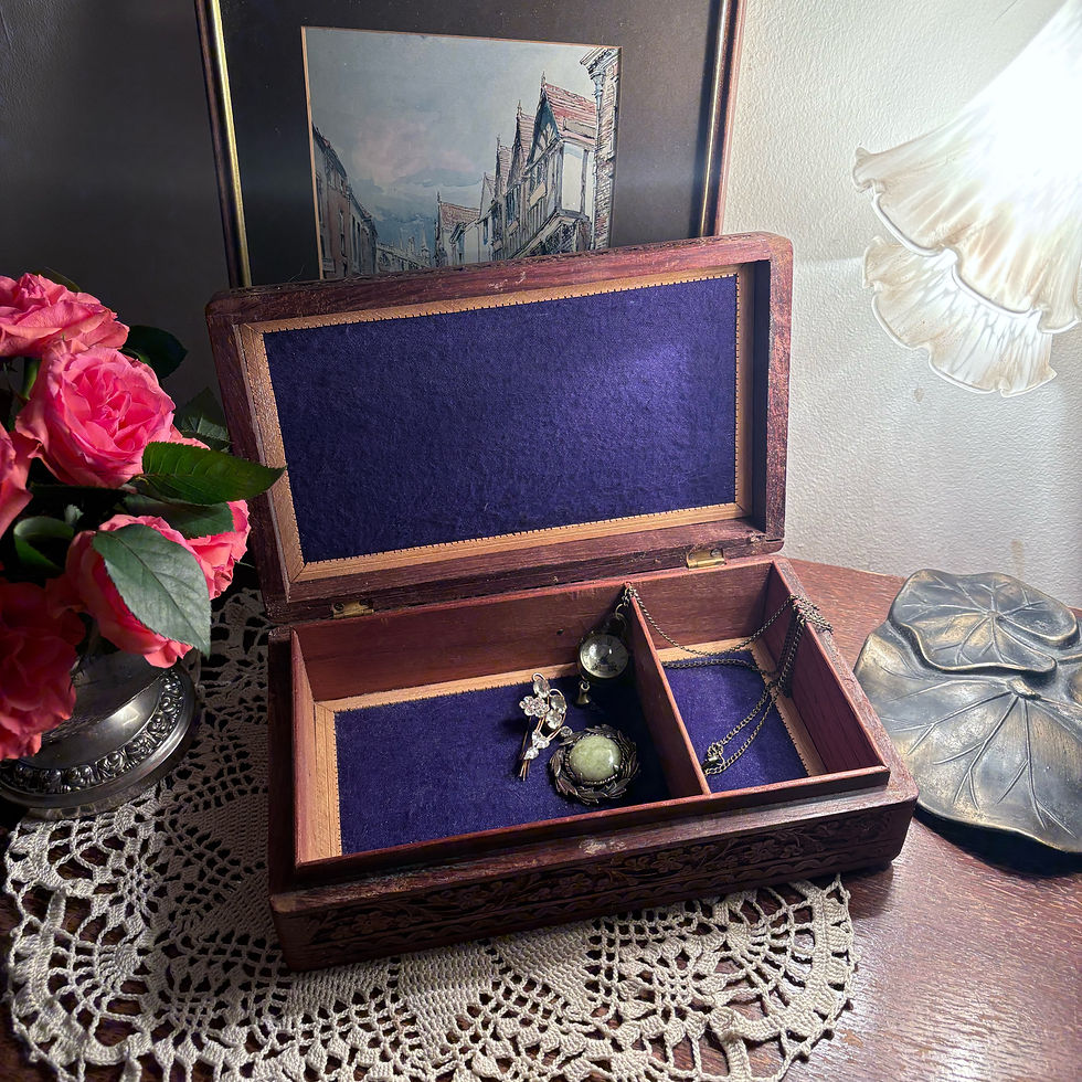 Thumbnail: Vintage carved brass inlay wooden jewellery trinket or keepsake box