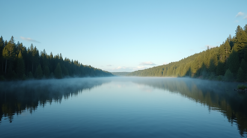Wide angle view of a calm lake surrounded by forest under a clear blue sky