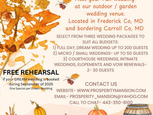 Save $400.00 on your wedding at Prosperity Mansion and Farm, an outdoor / garden wedding venue.